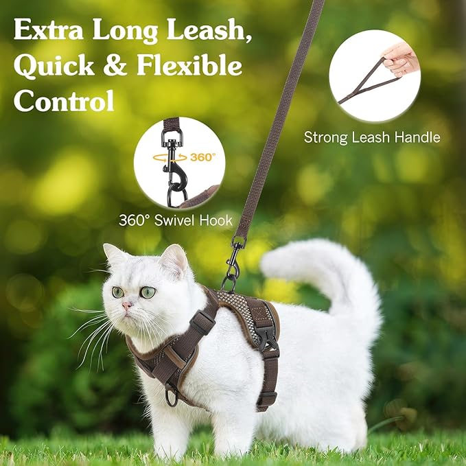 Cat Harness and Leash Set for Walking, Adjustable Kitten Vest Harness with Reflective Strip Breathable Mesh, Escape Proof Soft Pet Safety Vest for Cats, Kittens, Puppies, M Coffee