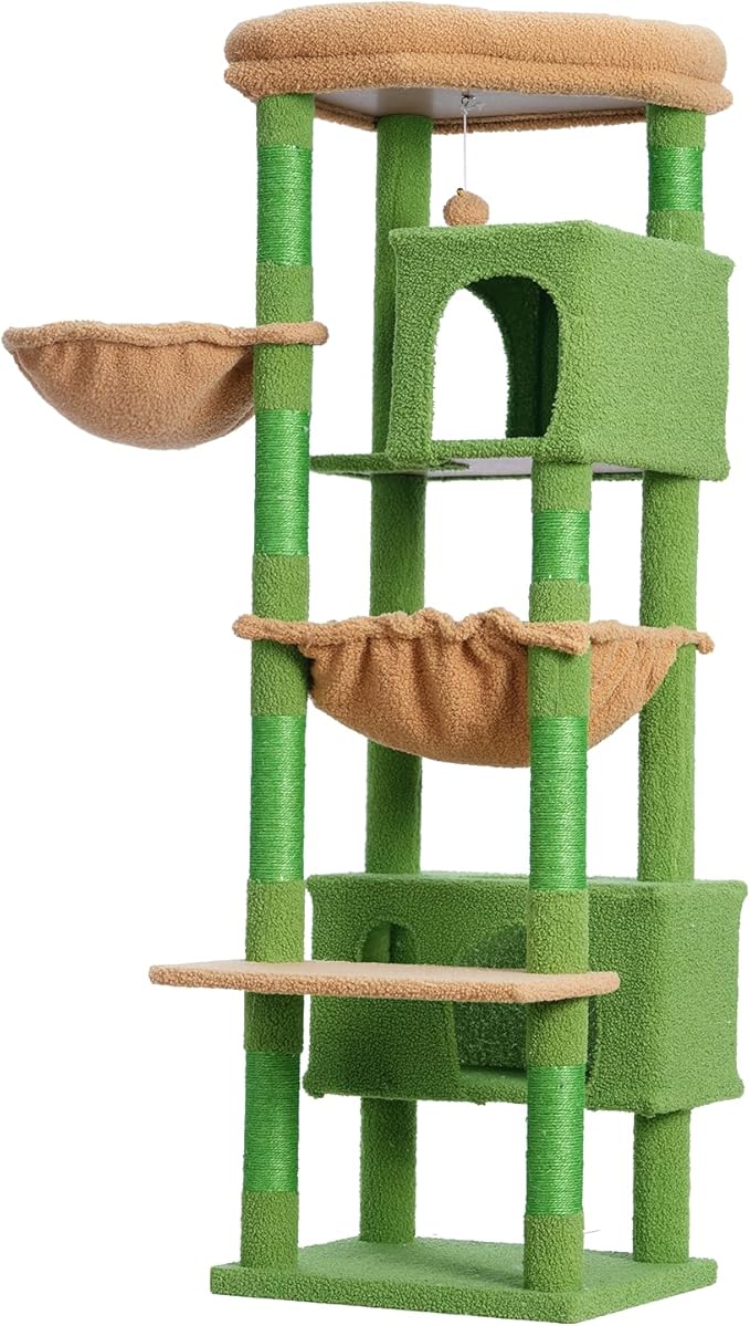 Cat Tree for Indoor Cats Large Adult, 60.2 Cat Tower with Large Platforms, Cat condo, Cat Tree Tower with 8 Cat Scratching Posts, Cat Hammock, Green and Brown GCT030-MGY