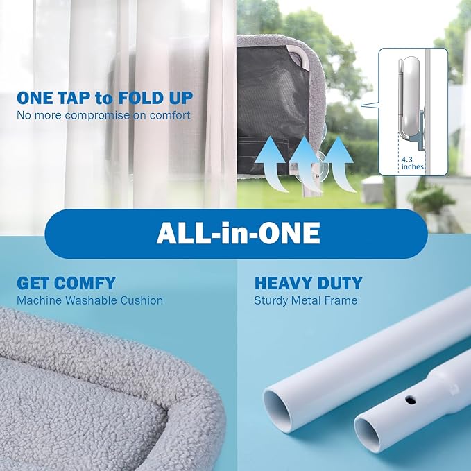 Foldable Cat Hammock for Window - Cordless, Embeded Machine Washable Bed, Robust Metal Frame - Cat Window Perch for Large Cats and Kittens (Gray Bolster Bed, Medium)