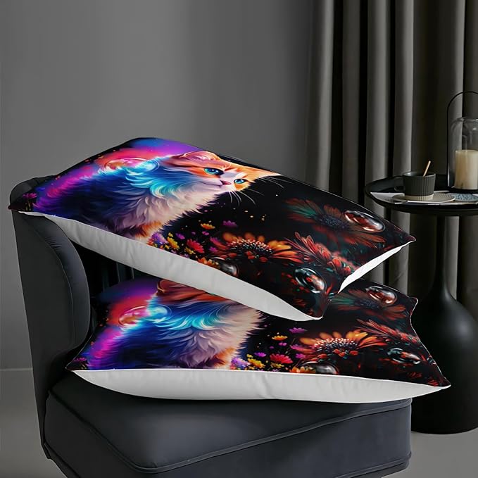 AILONEN Girls Cat Comforter Set Twin Size, Cute Orange Cat Kawaii Bedding Set for Kids Boys,Botanical Floral Daisy Duvet Set 3 Pieces, 1 Quilt and 2 Pillowcases