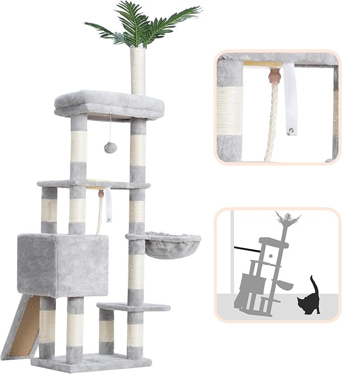 Heybly Cat Tree,Cat Tower for Indoor Cats, 65.4 inches Cat Condo with Perches, Basket, Feeding Bowl Station, Multi-Level Plush Furniture with Scratching Posts, Light Gray HCT015W