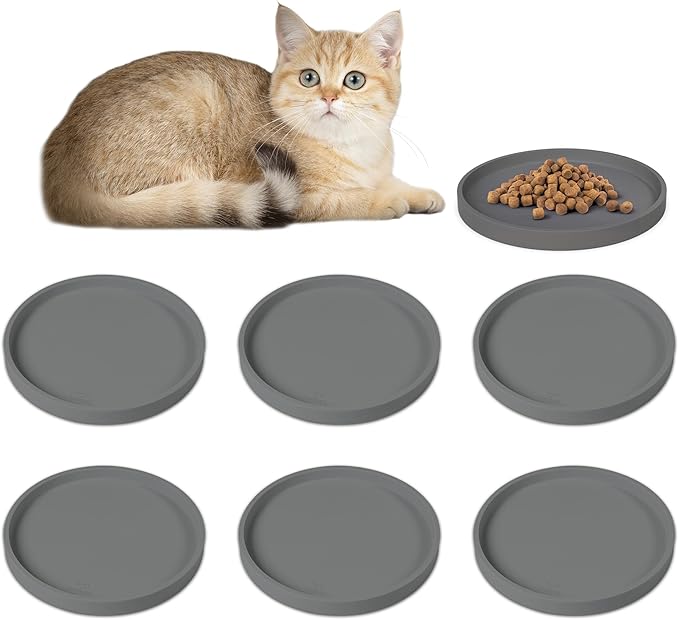 Arespark Pet Silicone Food Mat, Set of 6 Nonslip Waterproof Feeding Bowl Mat with Raised Edges for Food and Water Prevent Spills, Round Eating Tray for Dog Cat Puppy Kitten, 6'' x 6''