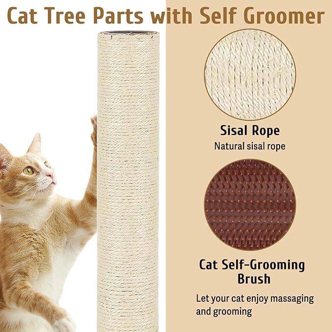 Cat Scratching Post Replacement Pole Refill 16in M8 Cats Tower Replacement Parts with Self Groomer Massager Spare Jute Kitty Tree Refurbishment Accessories for Indoor Kittens (Khaki)