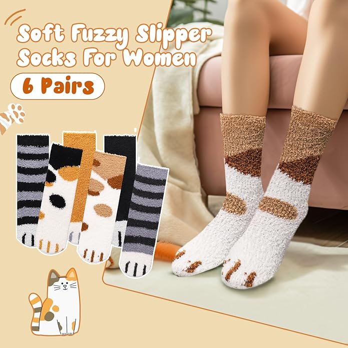 3-6 Pairs Womens Fuzzy Socks Cozy Fluffy Slipper Socks Cute Soft Cat Animal Winter Warm Sleep Socks Gifts