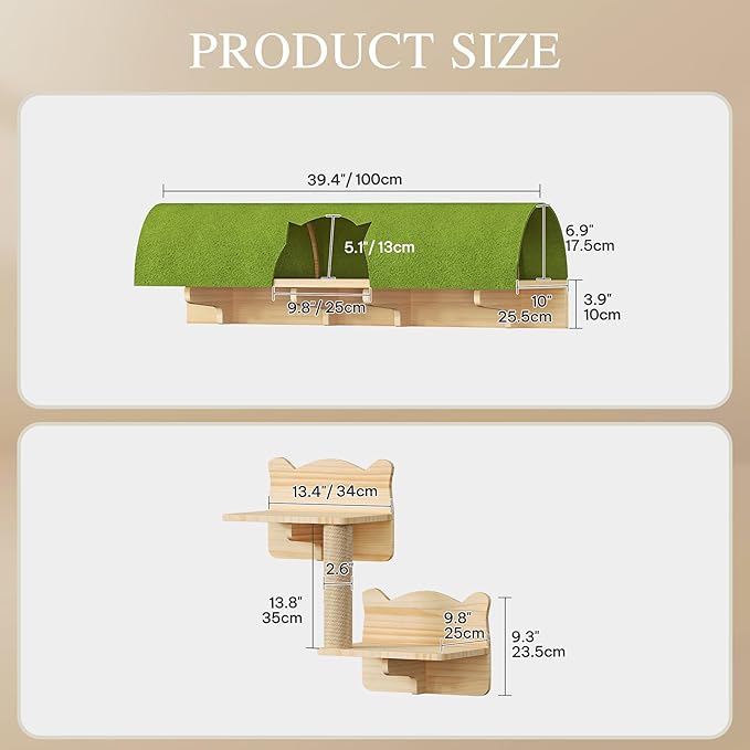 DWVO Solid Wood Cat Wall Shelves and Perches for Wall, Pine Wooden Wall Mounted Cat Furniture, Set of 7 Cat Climbing Shelves with Wall Steps, Scratching Post and Cat Tunnel