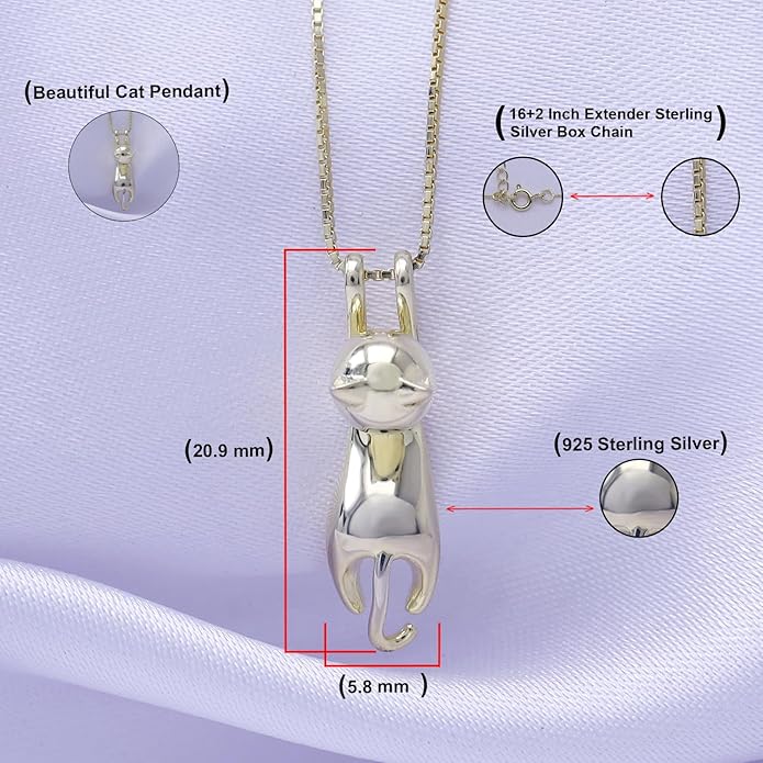 AFFY 925 Sterling Silver Cat Necklace for Women - Jewelry Gift for Cat Lovers - Flying Hanging Cat Pendant Collarbone Necklace