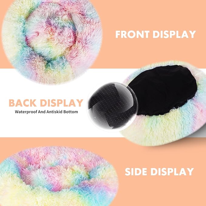 ShellKingdom Cat Beds for Indoor Cats, 24 inch Large Dog Bed for Small Medium Large Dogs, Cute Round Fluffy Plush Pet Bed for Puppy Kitten, Self Warming Calming Soft Donut Cat Bed, Rainbow