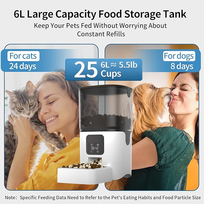 Automatic Cat Feeders with 6L Large Capacity Food Storage: Timed Pet Feeders with Programmable Feeding Schedule, Detachable for Easy Clean, Up to 36 Portions Per Day for Large Dog (25 Cup)