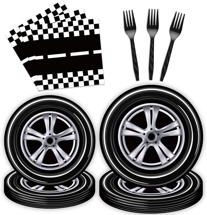 96 Pcs Race Car Party Plates and Napkins Sets, Racing Car Race Track Party Supplies Disposable Tableware Decorations Racing Wheel Sports Themed Dinnerware for Boys/Kids Birthday Party, Serves 24