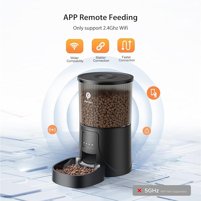 Automatic Cat Feeder WiFi- 2.4Ghz Cat Food Dispenser with APP Remote Control- Auto Pet Feeder for Cat and Small Dog Indoor- Easy to Set Up and Clean- Dual Power with Desiccant Bag Keep Fresh
