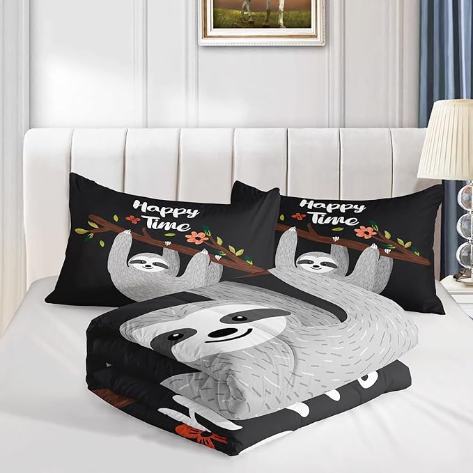 AILONEN Sloth Comforter Set Twin Size, Cartoon Sloth Bedding Set for Kids Girls Boys,Sloth Pattern Printed Duvet,Ultra Soft Sloth Quilt Set,1 Comforter 2 Pillowcases 3 Piece