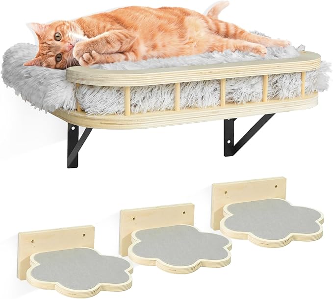 Cat Wall Shelves with Cooling Mat and Plush Cushion, Cat Shelves and Perches for Wall with 3 Wall Steps, Cat Wall Furniture Cat Climbing Shelf Cat Scratching Post for Sleeping, Playing, Gift for Cat