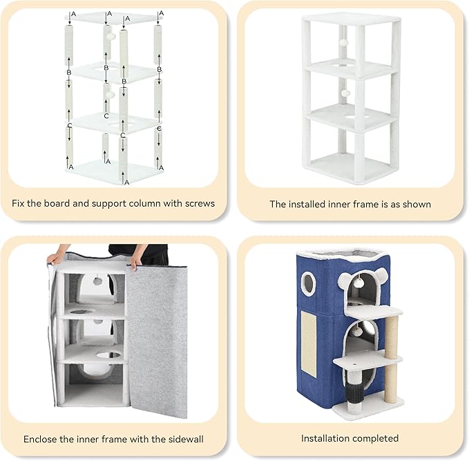 YIATHOME 3-Tier Cat House, Cat Beds for Indoor Cats, Modern Cat Condo with Highway Cave, Scratch & Itching Post, Climbing Stand, Cat Cube Playhouse for Multi Kittens, Blue