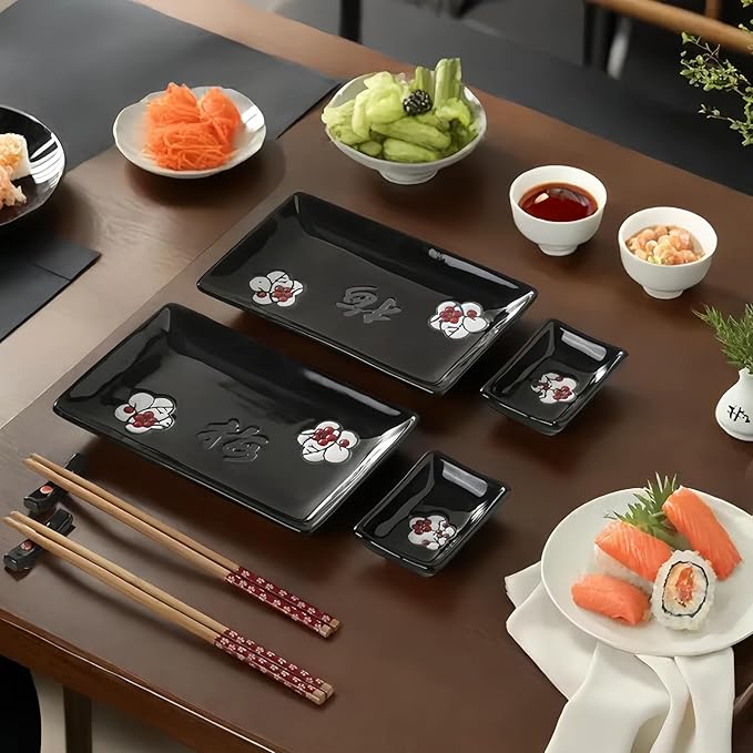 8 pcs Japanese Sushi Plate Sets Serving Platters and Trays for Entertaining Sushi Dishes Set Plates Sushi Plates Traditional Cuisine Dinnerware Sets with Chopsticks Black Plum