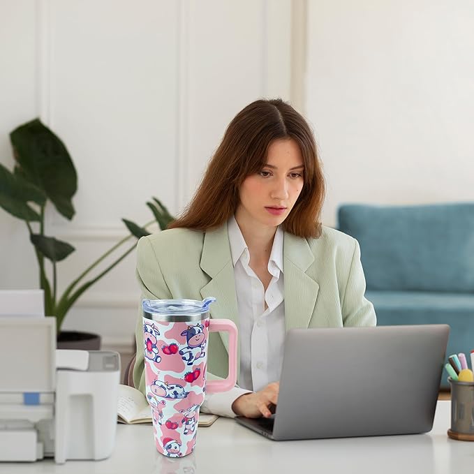40 oz Tumbler with Handle and Straw, Stainless Steel Insulated Cup with Leak Proof Lid and Straw Lid, Keep Drinks Cold and Hot for Hours（Strawberry Cow）