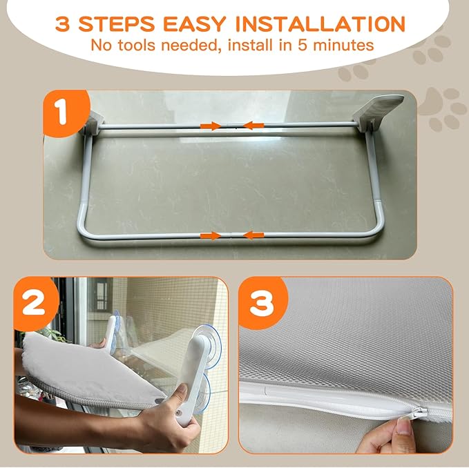 Cat Window Perch, Foldable Cat Window Bed with 4 Strong Suction Cups, Cordless Cat Hommack for Window Sill, Sturdy Metal Cat Window Seat Shelf for Indoor Cats with Reversible Cover(Grey)