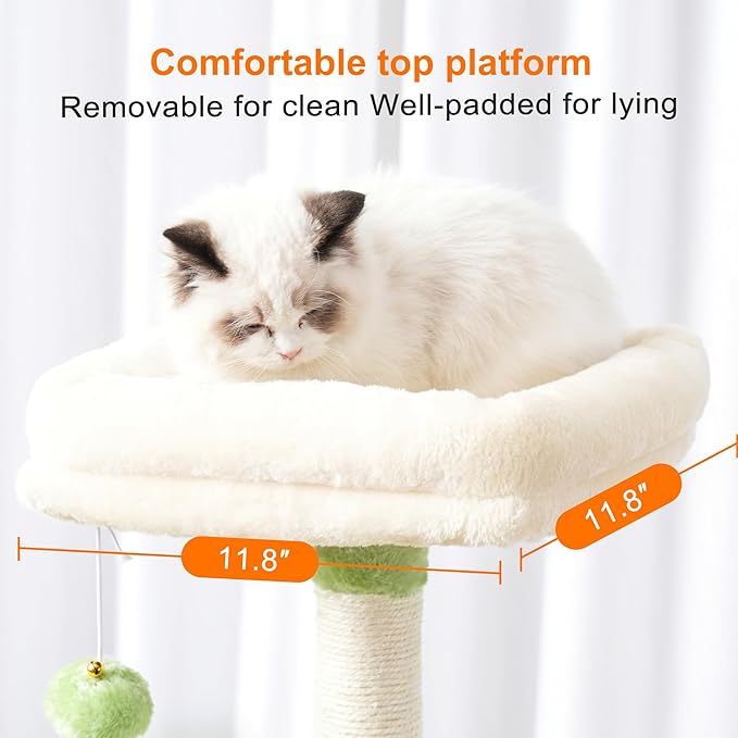 Heybly Cat Tree with Toy, Cat Tower condo for Indoor Cats, Cat House with Padded Plush Perch, Cozy Hammock and Sisal Scratching Posts, Green and Beige HCT004SGM
