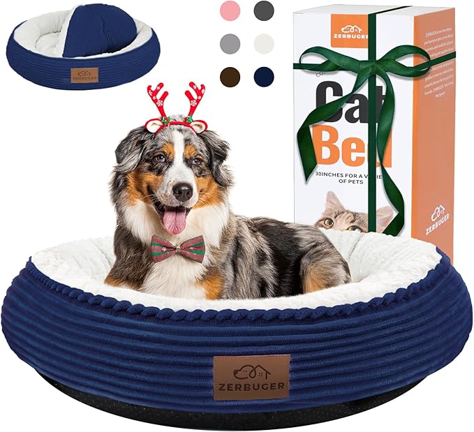 30in Round Cat Dog Bed for Large Medium Small Dogs Cats, Machine Washable Sleeping Sofa, Non-Slip Bottom Breathable Soft Calming Pet Cuddler for Indoor/Outdoor/Car/Cage, Navy Blue