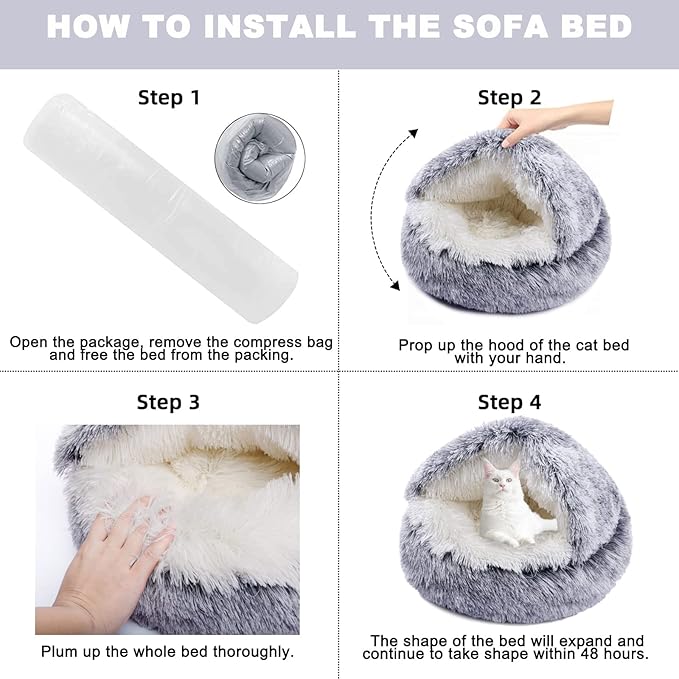 Cat Cave Bed Round Plush Fluffy Hooded Cat Bed Cozy Cats beds Cushion Sofa for Small Dogs Pet Beds Doughnut Calm Anti-nxiety Dog Bed - Waterproof Bottom Washable