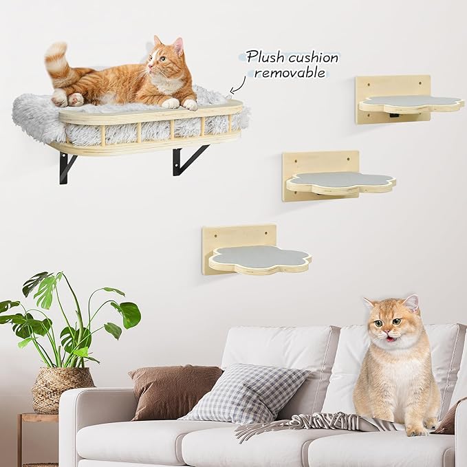 Cat Wall Shelves with Cooling Mat and Plush Cushion, Cat Shelves and Perches for Wall with 3 Wall Steps, Cat Wall Furniture Cat Climbing Shelf Cat Scratching Post for Sleeping, Playing, Gift for Cat