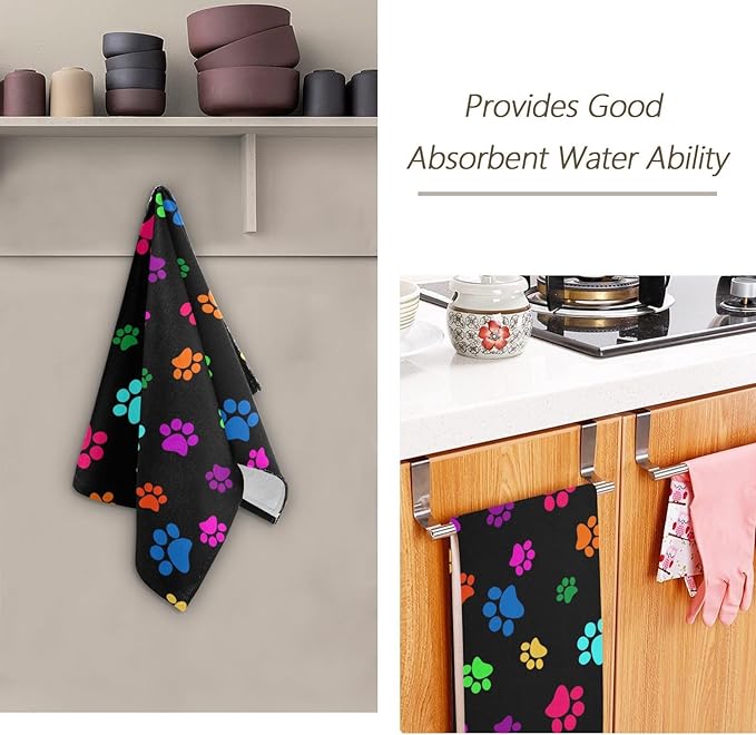 2 Pack Colorful Dog Cat Paws Print Hand Towels for Bathroom,Soft Absorbent Funny Animal Pet Paw Bath Hand Towels for Kitchen,Black Decorative Guest Bathroom Towels for Face,Shower,Gym 14"x28"