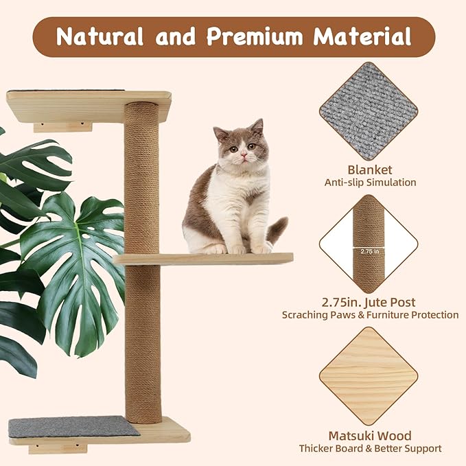 Cat Wall Shelves 3-in-1: Wall-Mounted Cat Ladder, Cat Steps, Cat Stairs, Scratching Post, Jumping Platform, Cat Tree, and Perch for Climbing & Napping – Ideal for Active Cats