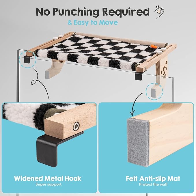 MEWOOFUN Sturdy Cat Window Perch Hammock Bed with Wood & Metal Frame for Cats Easy to Assemble for Windowsill, Bedside, Drawer and Cabinet More (Chessboard, M-22"x 14.5"x 6.7")