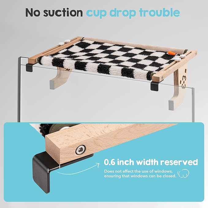 MEWOOFUN Sturdy Cat Window Perch Hammock Bed with Wood & Metal Frame for Cats Easy to Assemble for Windowsill, Bedside, Drawer and Cabinet More (Chessboard, M-22"x 14.5"x 6.7")