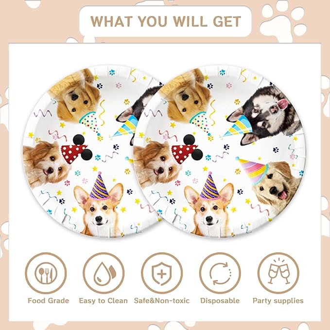 48Pcs Dog Pawty Birthday Party Decorations Dog Theme Party Decorations with Puppy Birthday Baby Shower Forks Plates and Napkins Supplies