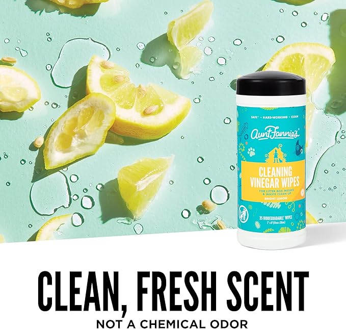 Aunt Fannie's Vinegar Cat Cleaning Wipes for Cat Odors and Messes, Multipurpose Surface Cleaner for Cat & Kitten Homes, Bright Lemon Scent, 35 Count (Pack of 1)