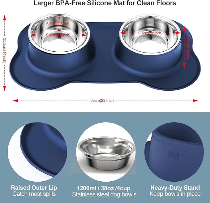 AsFrost Dog Food Bowls Stainless Steel Dog Bowls, Food Water Bowl Set with No Spill Non-Skid Silicone Mat, Dog Dish Double Pet Feeder Bowls for Small Medium Sized Large Dogs Cats Puppy, Blue