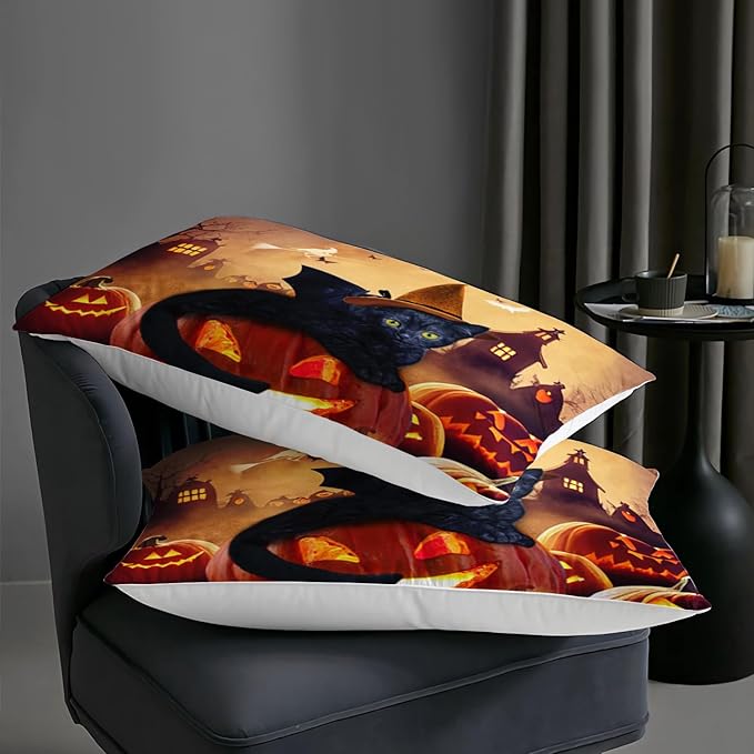 AILONEN Cat Halloween Comforter Set Twin Size,Scary Pumpkin Lantern Black Cat Bedding Set for Boys Girls Room Decor,Retro Gothic Duvet Set 3 Pieces, 1 Quilt and 2 Pillowcases