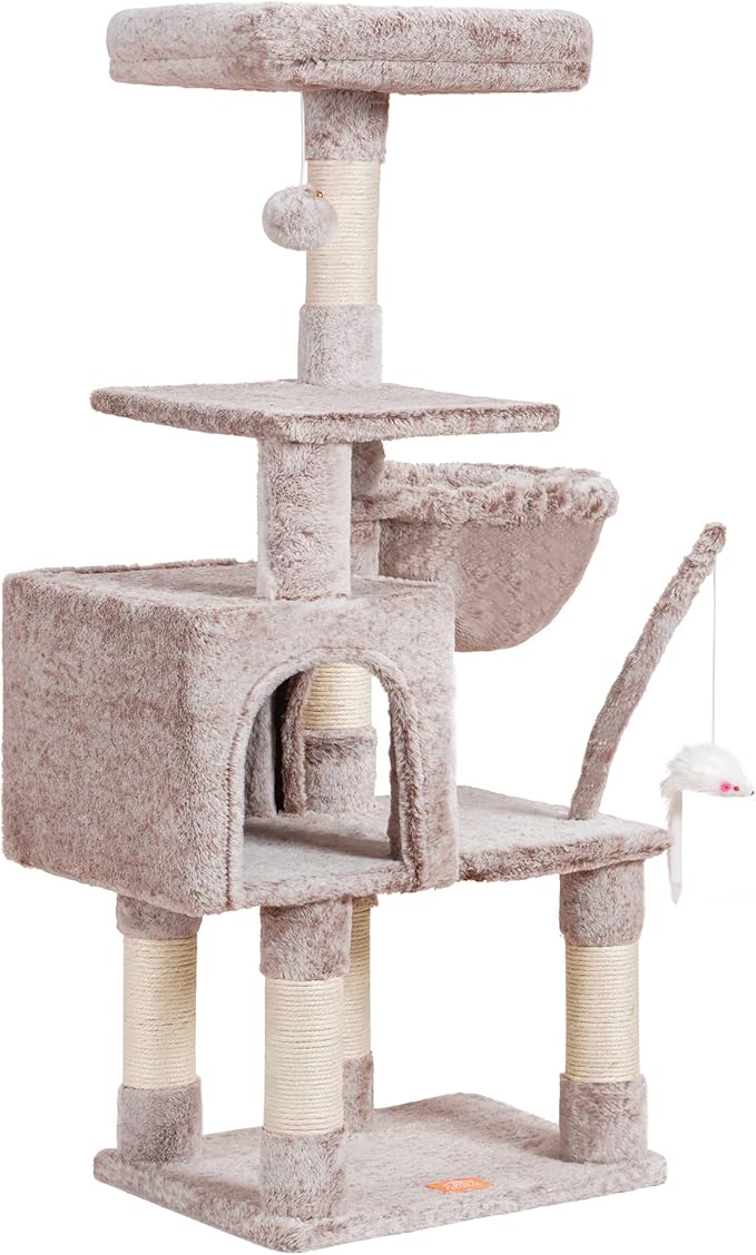 Heybly Cat Tree with Toy, Cat Tower condo for Indoor Cats, Cat House with Padded Plush Perch, Cozy Hammock and Sisal Scratching Posts, Muchroom HCT004SMU