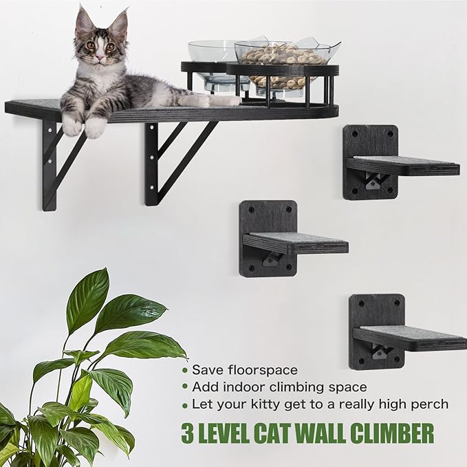 Cat Hammock Cat Wall Shelves with 3 Steps, Cat Scratching Post Cat Hammock and Perches with 2 Cat Food Bowls, Wood Cat Bed Furniture Wall Mounted, Cat Scratching Post Cat Wall Shelf