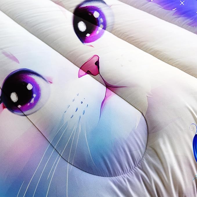 Ailonen Kids Cat Comforter Set - Twin Size, Cute White Cat Bedding Set for Girls and Boys, Purple Tint Duvet Set, 3 Pieces - 1 Quilt and 2 Pillowcases