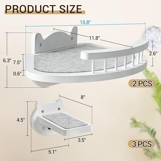 Cat Wall Shelves, Cat Shelves and Perches for Wall, Wood Cat Shelves Wall Mount, Cat Wall Furniture with 3 Cat Wall Steps Cat Scratch Post, Indoor Cat Climbing Shelf for Living Room, Bedroom (White)