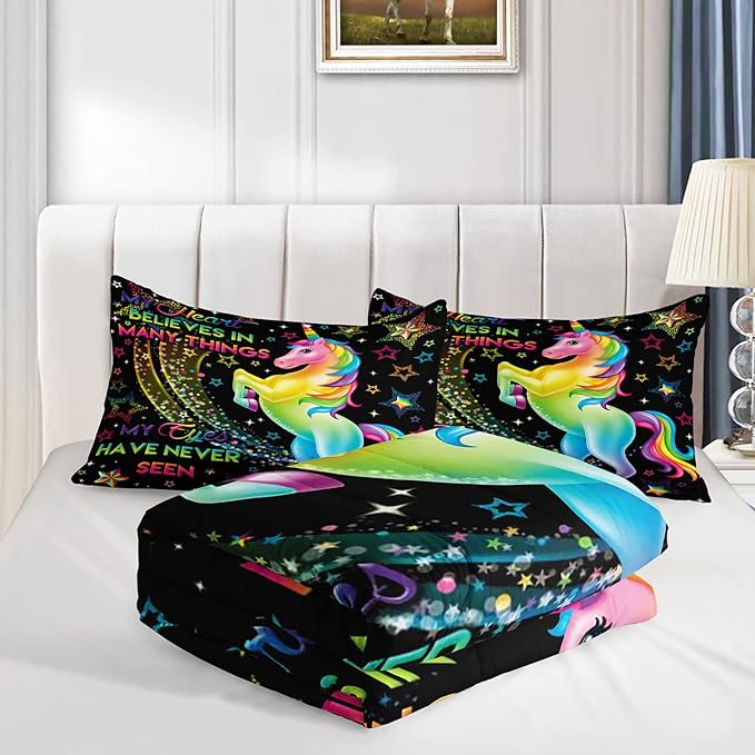 AILONEN Unicorn Comforter Set for Girls Kids Teens, Rainbow Unicorn Bedding Set Twin Size,Colorful Neon Unicorn Printed Quilted Duvet,Cartoon Quilt, Easy Care，1 Comforter 2 Pillowcases 3 Piece