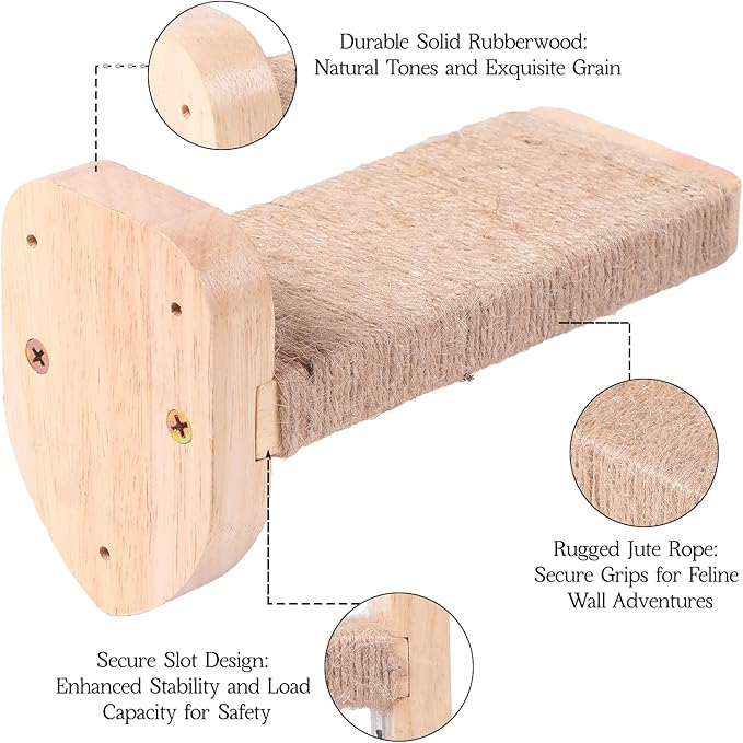 3pcs Cat Wall Steps, Cat Climbing Wall Mounted Cat Furniture, Cat Wall Shelves Cat Steps for Wall with Hemp Rope Covered, Solid Wood Cat Ladder for Cats Playing and Climbing (Standard-Wood)