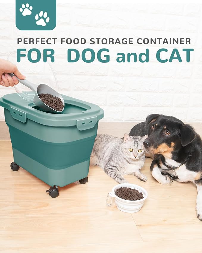 20-23 Lbs Dog Food Storage Container - Collapsible Dog Food Container with Attachable Casters and Scoop,Travel Silicone Bowl, Pet Food Storage Containers to Keep Dry Food Fresh,Easy to Move