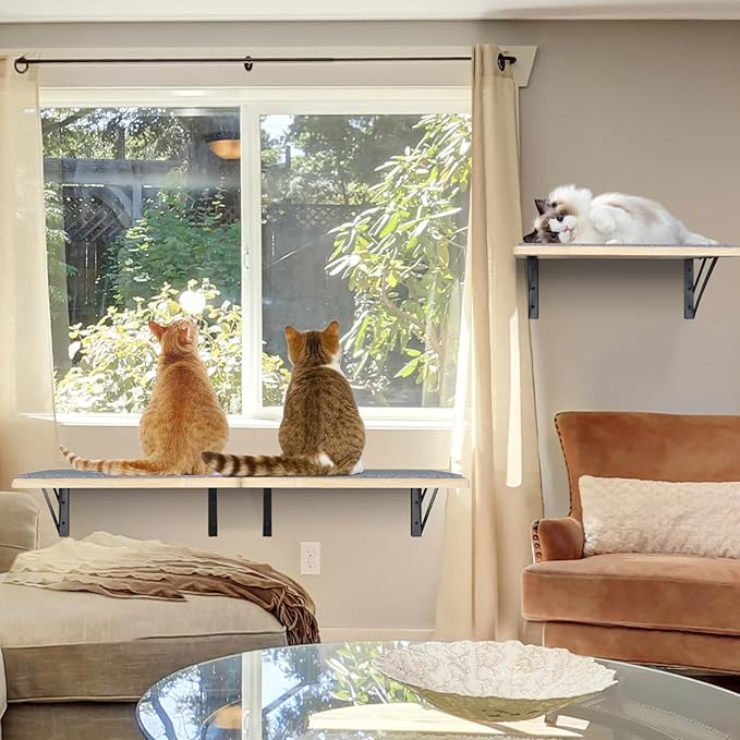 Cat Wall Shelves Set of 4, Wood Cat Shelves for Wall, Cat Wall Bed Hammock with Scratching Pad, Cat Climbing Shelf for Sleeping Playing, Cat Window Perch for Big Cats, Burlywood Cat Furniture Indoor