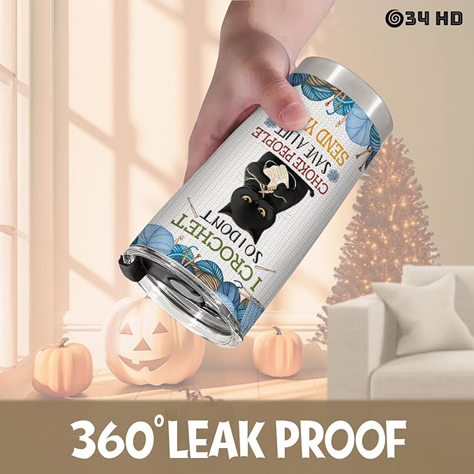 34HD Black Cat Tumbler with Lid, 20oz Vacuum Insulated Cat Coffee Cup, I Crochet So I Dont Choke People Mug, Crochet Lover Gifts for Birthday Mothers Day Christmas