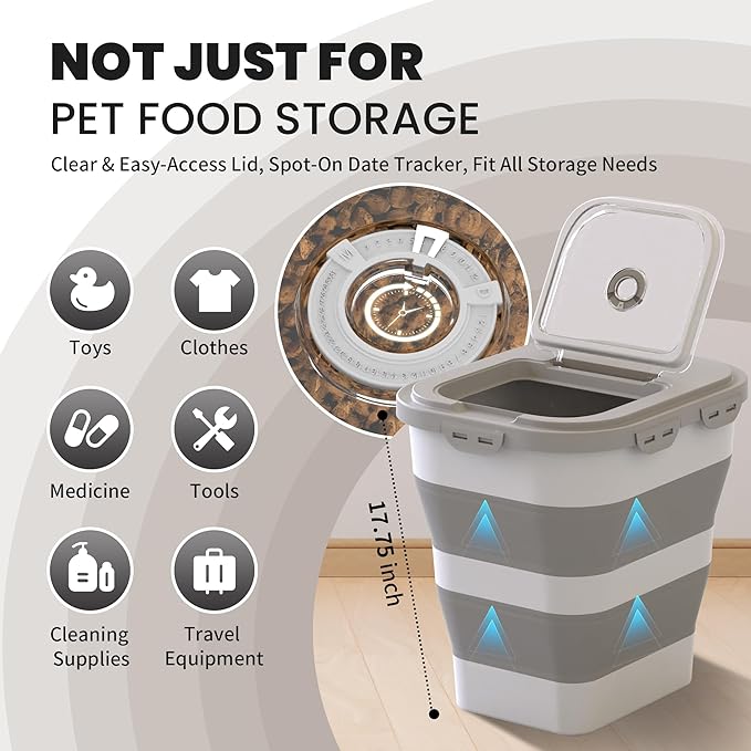 35-40 Lbs Airtight Dog Food Storage Container, Collapsible Dog Food Container with Lid, Wheels, Date Track,Large Pet food storage Container for Rice,Flour,Dog Food Scoop and 2PCS Containers