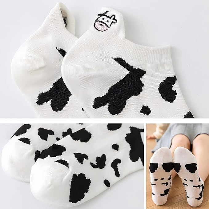 5 Pairs Cute Cow Embroidery Cotton Socks for Women - Black White Short Casual Ankle Socks
