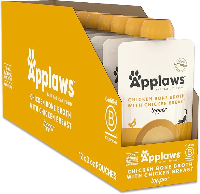 Applaws Natural Bone Broth Wet Cat Food Topper, Limited Ingredient Bone Broth for Cats, Wet Food Topper for Cats with No Artificials, Chicken Breast Bone Broth Topper (12 x 3oz Spout Pouches)