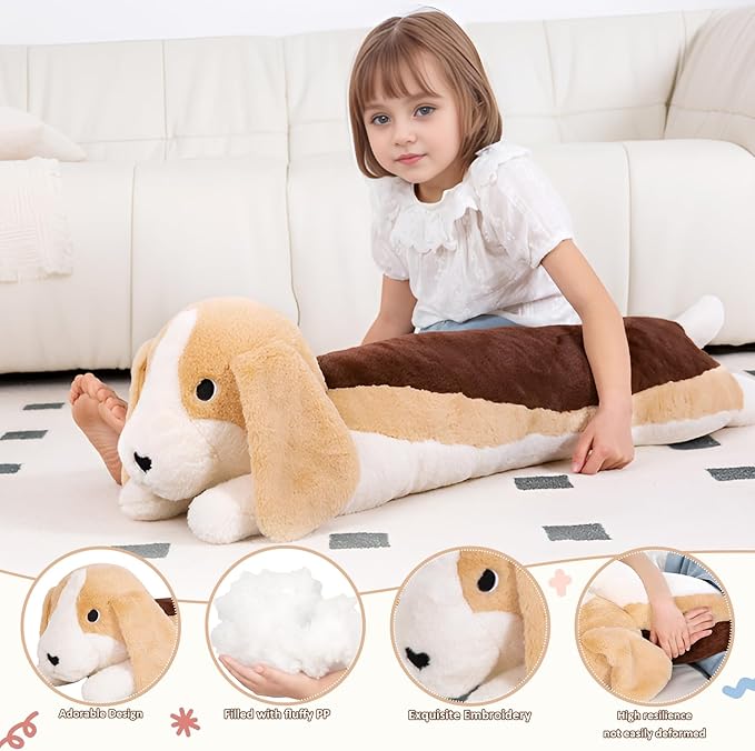 40'' Large Dog Sleeping Long Plush Pillow Toy, Soft Beagle Dog Stuffed Animals, Big Puppy Plushies Cute Doll Gift for Kids Girls Boys, Birthday