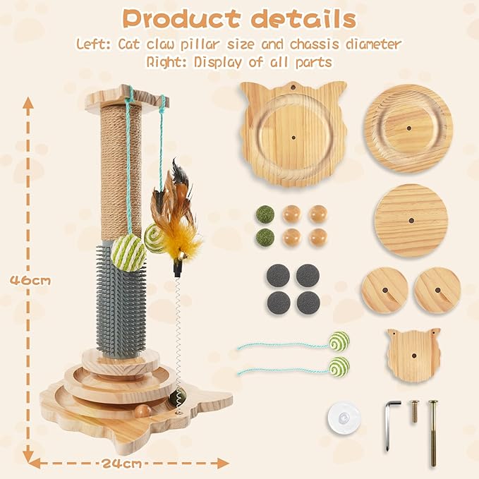 TONY HOBY Cat Scratching Post, Sisal Scratching Poles with 2 Hanging Balls, Cat Interactive Toy with Tickle Stick for Small Medium Cat (18 in, Beige)