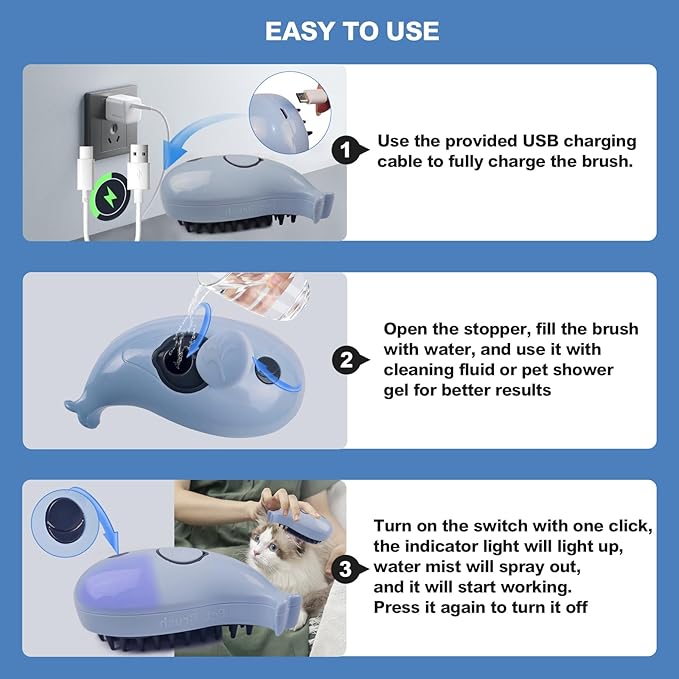 3in1 Cat Steam Brush,Multifunctional Rechargeable Cute Steamy Pet Brush for Short Or Long Hair Cats/Dogs To Massage/Clean/Eliminate Flying&Tangled Hair With USB Cable-Blue Whale