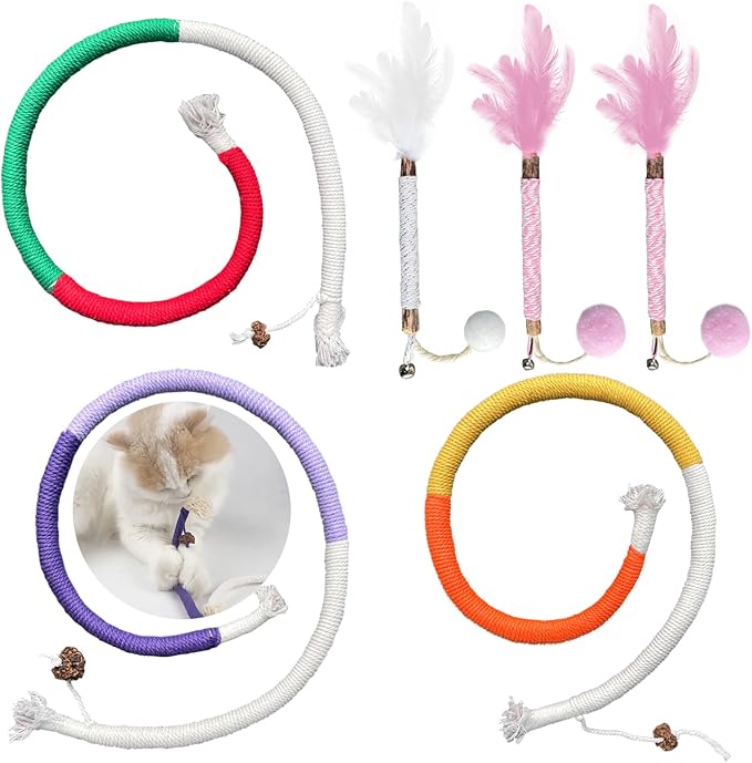 AcceLeah Cat Worm Toy Refills Cats Teaser Toys Wand Replacement,Cat Worms and Dragonfly Refill,Cat Wand Toy Assorted Teaser Refills with Bell (6Pcs Random Color Set)