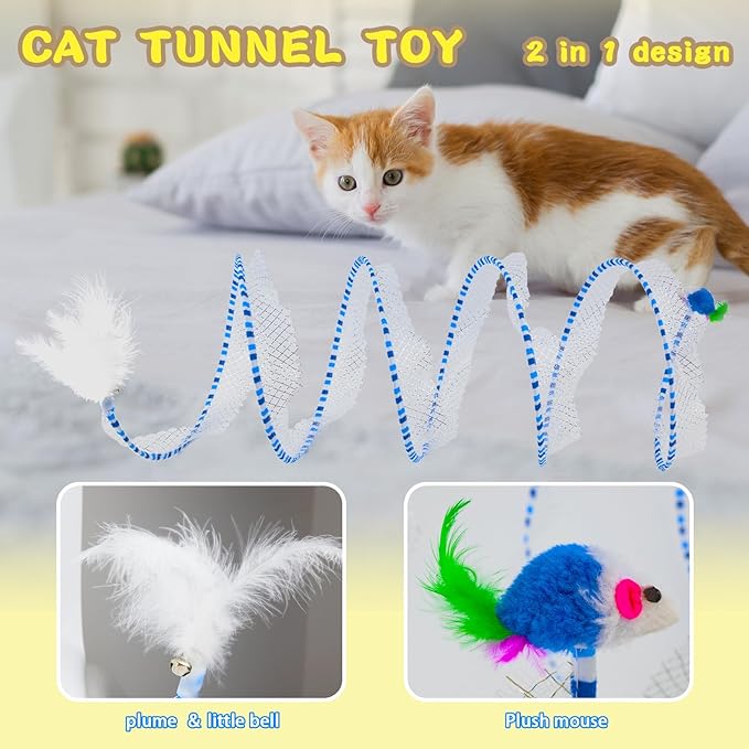 2 Pcs Cat Tunnels for Indoor Cats - S Type Foldable Cat Spiral Tunnel Toy, Decompression Interactive Self-Play Cat Hunting Spiral Tunnel Toy with Ribbon Bell Feather Balls Blue, Blue+Yellow