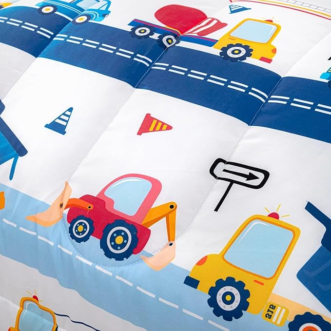 Axolotl Cartoon Cars Comforter Set Queen,Vehicle Bedding Set,Kids Excavator Comforter Set,Construction Bedding Equipment Trucks Comforter Sets for Kids Boys Girls Teens,1 Quilt 2 Pillowcases,Blue Red